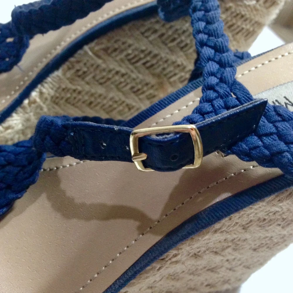 Steve Madden Navy Crochet Espadrille Wedge Sandals with Braided Jute Heel